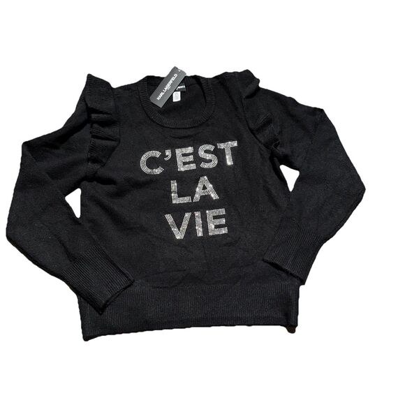 Karl Lagerfield Black C'est La Vie Flutter Sleeve Rhinestone Sweater NWT Medium - Picture 1 of 10